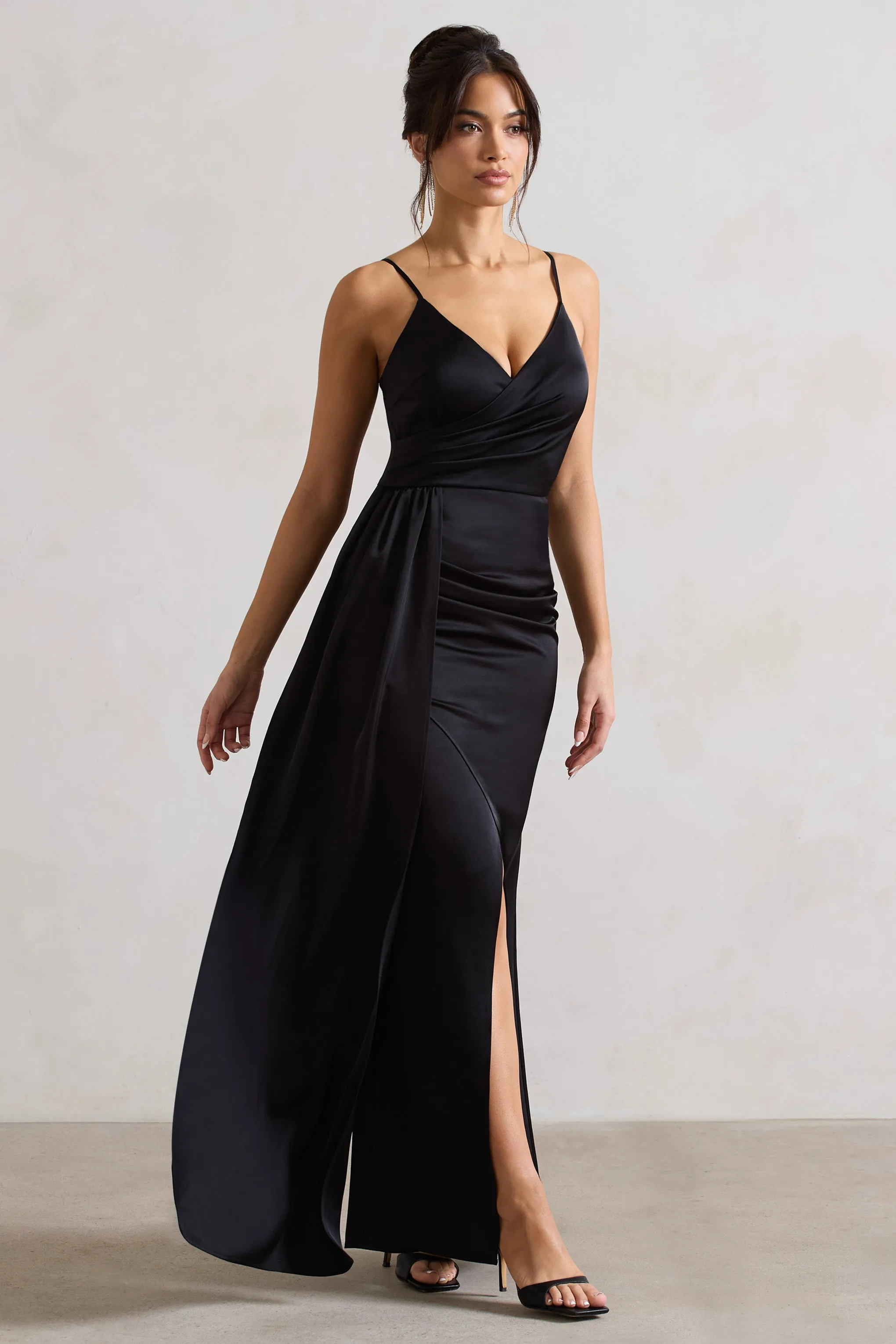 Soraya | Black Satin V-Neck Split Maxi Dress With Drape sold by Club L London product image thumbnail 5