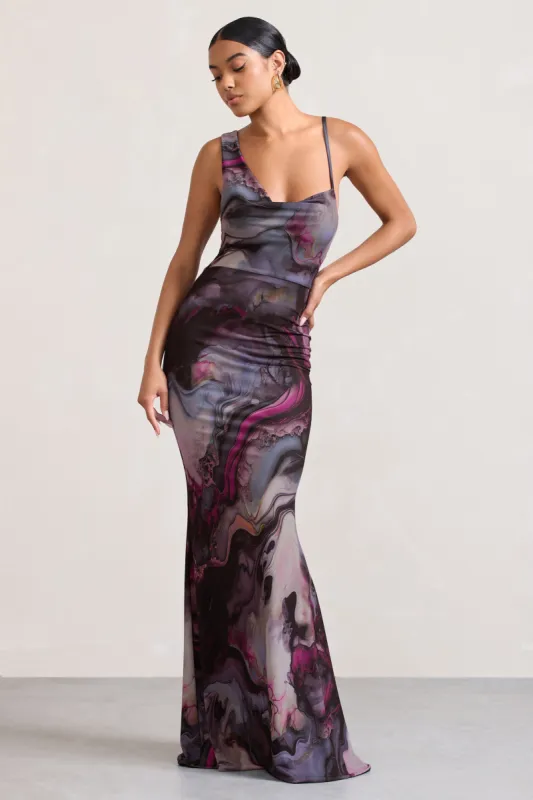 Phantasy | Marble Print Asymmetric Neckline Cowl Maxi Dress sold by Club L London