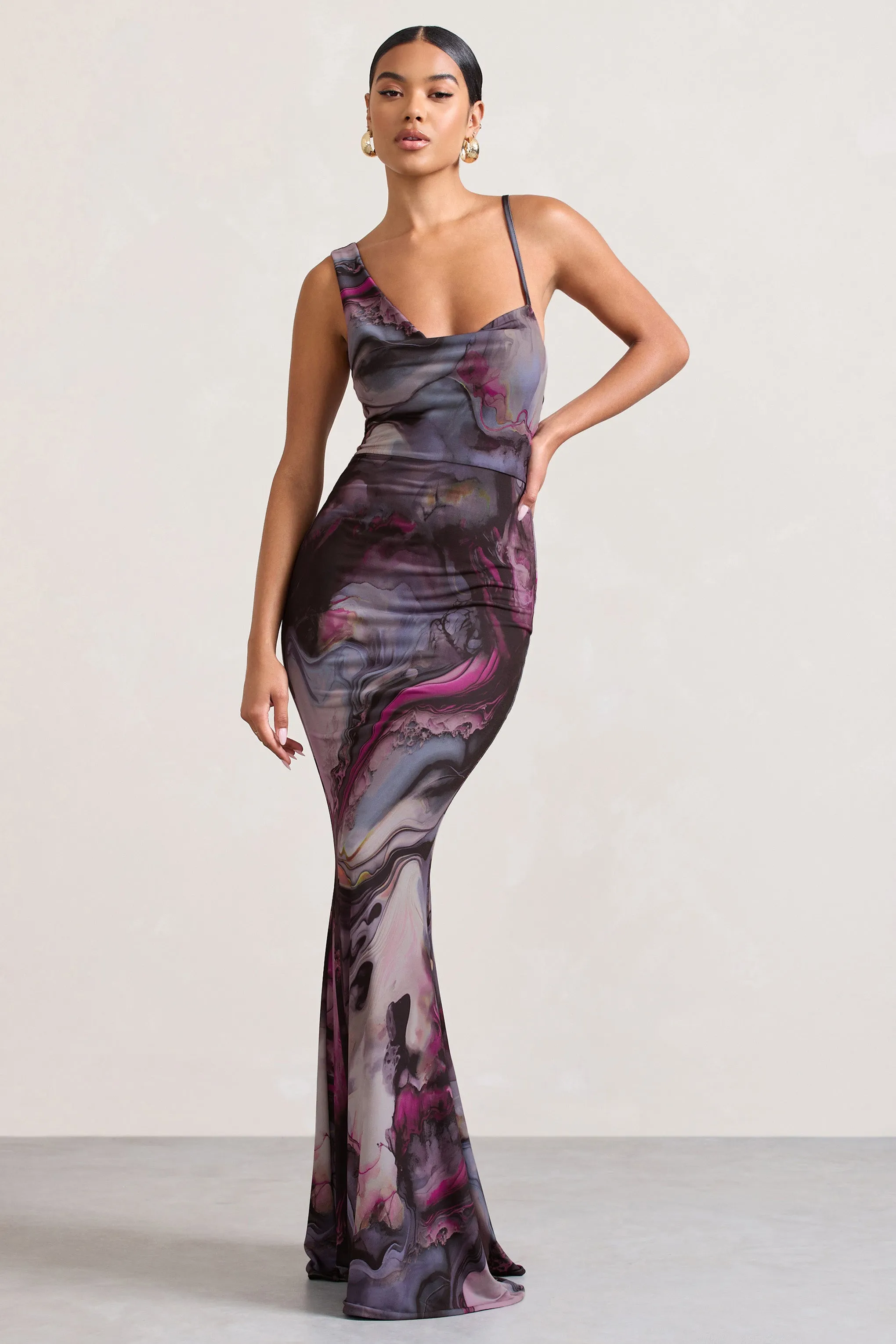 Phantasy | Marble Print Asymmetric Neckline Cowl Maxi Dress sold by Club L London product image thumbnail 4