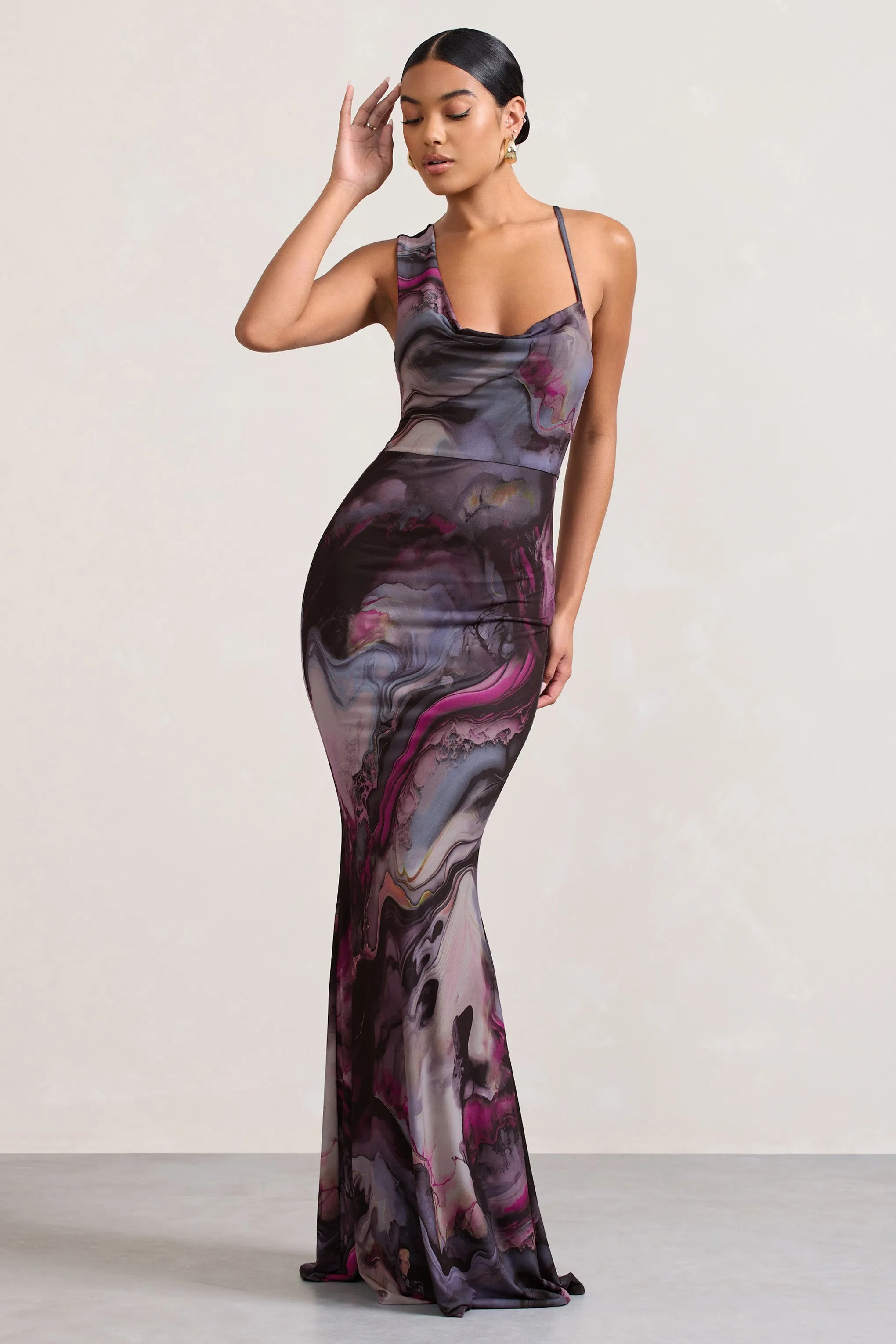 Phantasy | Marble Print Asymmetric Neckline Cowl Maxi Dress sold by Club L London product image thumbnail 5