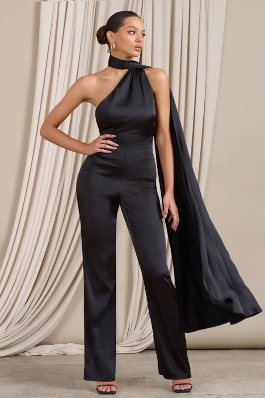 Cascada | Black Satin Wide Leg Jumpsuit With Statement Scarf Neck sold by Club L London
