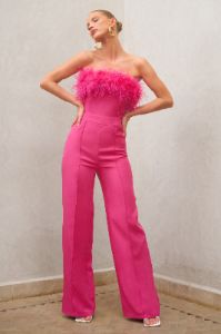 First Class | Hot Pink Bandeau Feather Wide Leg Jumpsuit sold by Club L London