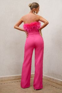 First Class | Hot Pink Bandeau Feather Wide Leg Jumpsuit sold by Club L London