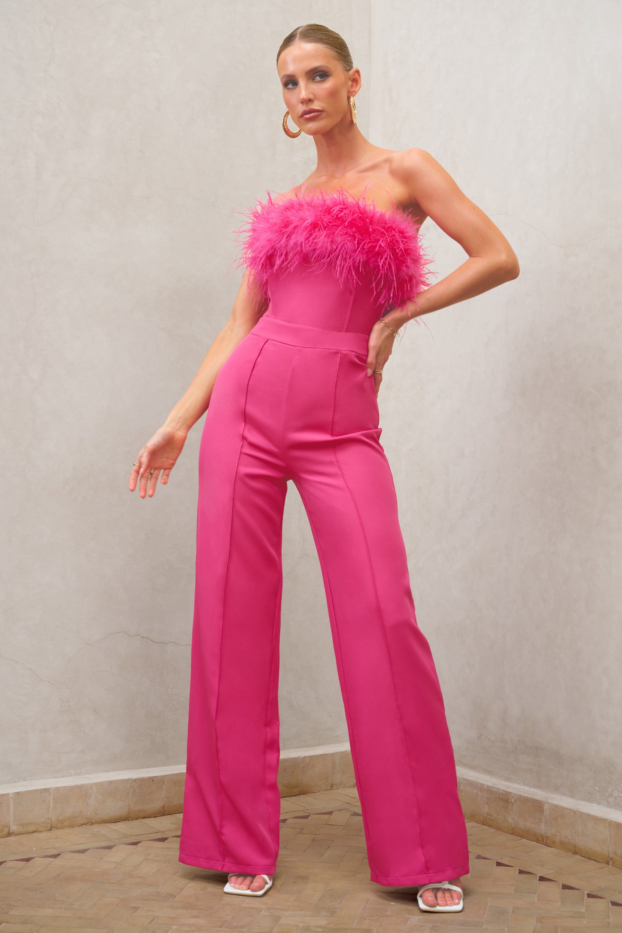 First Class | Hot Pink Bandeau Feather Wide Leg Jumpsuit sold by Club L London product image thumbnail 4