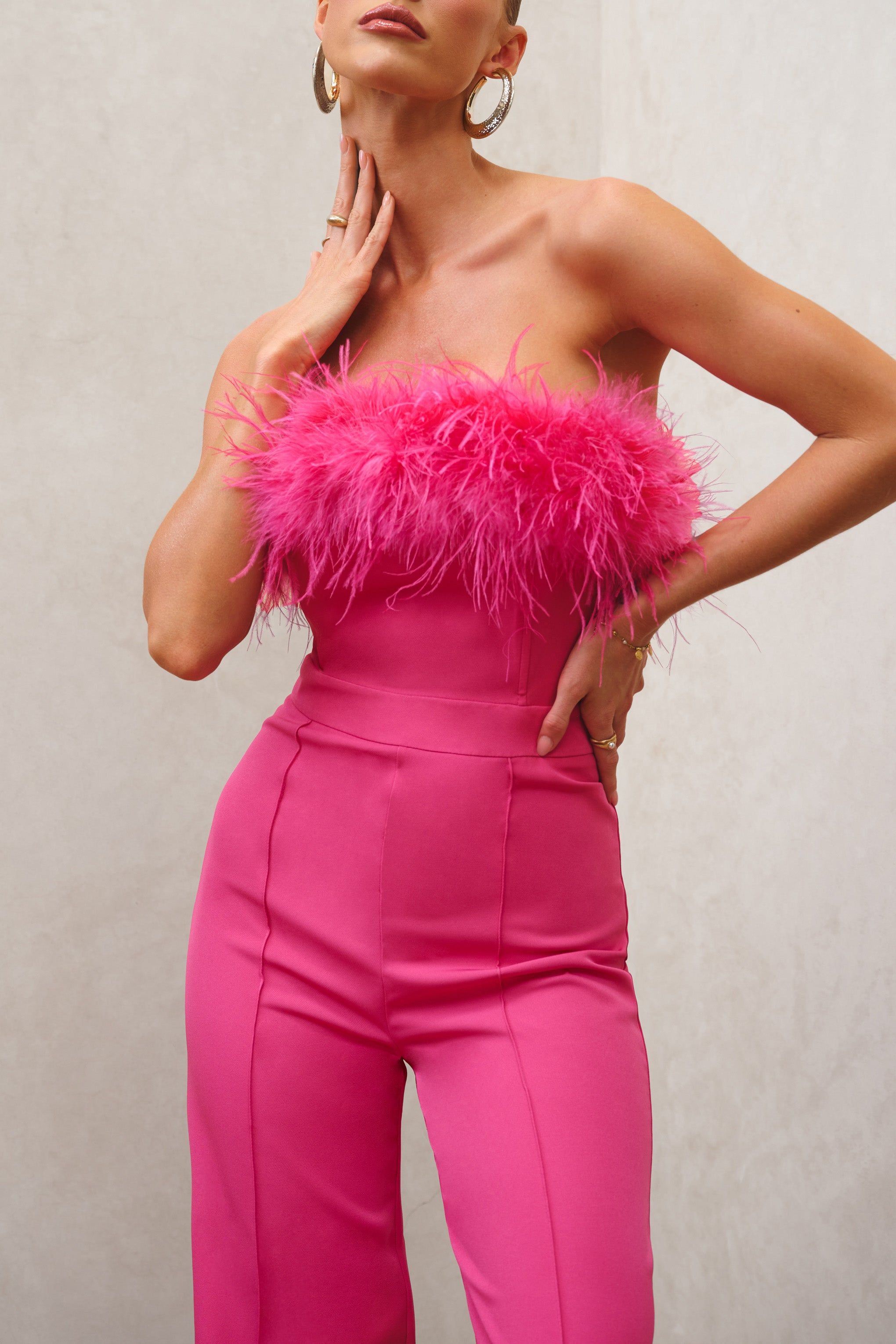 First Class | Hot Pink Bandeau Feather Wide Leg Jumpsuit sold by Club L London product image thumbnail 3