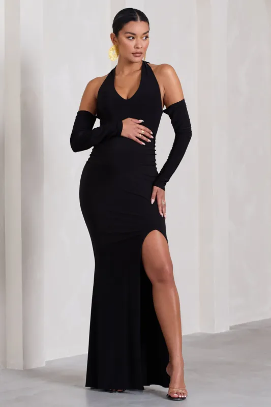 Solana | Black Halter-Neck Long-Sleeve Split Maternity Maxi Dress sold by Club L London