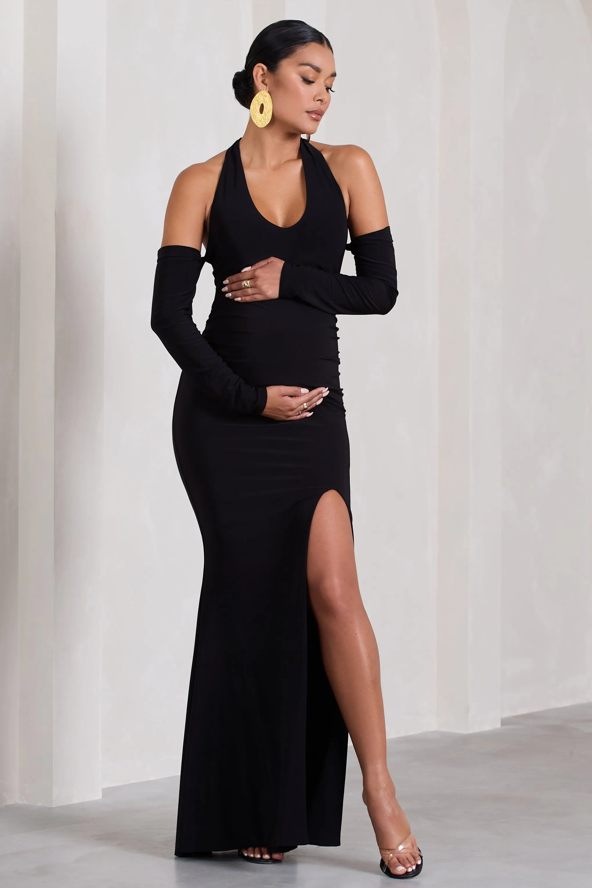 Solana | Black Halter-Neck Long-Sleeve Split Maternity Maxi Dress sold by Club L London product image thumbnail 5