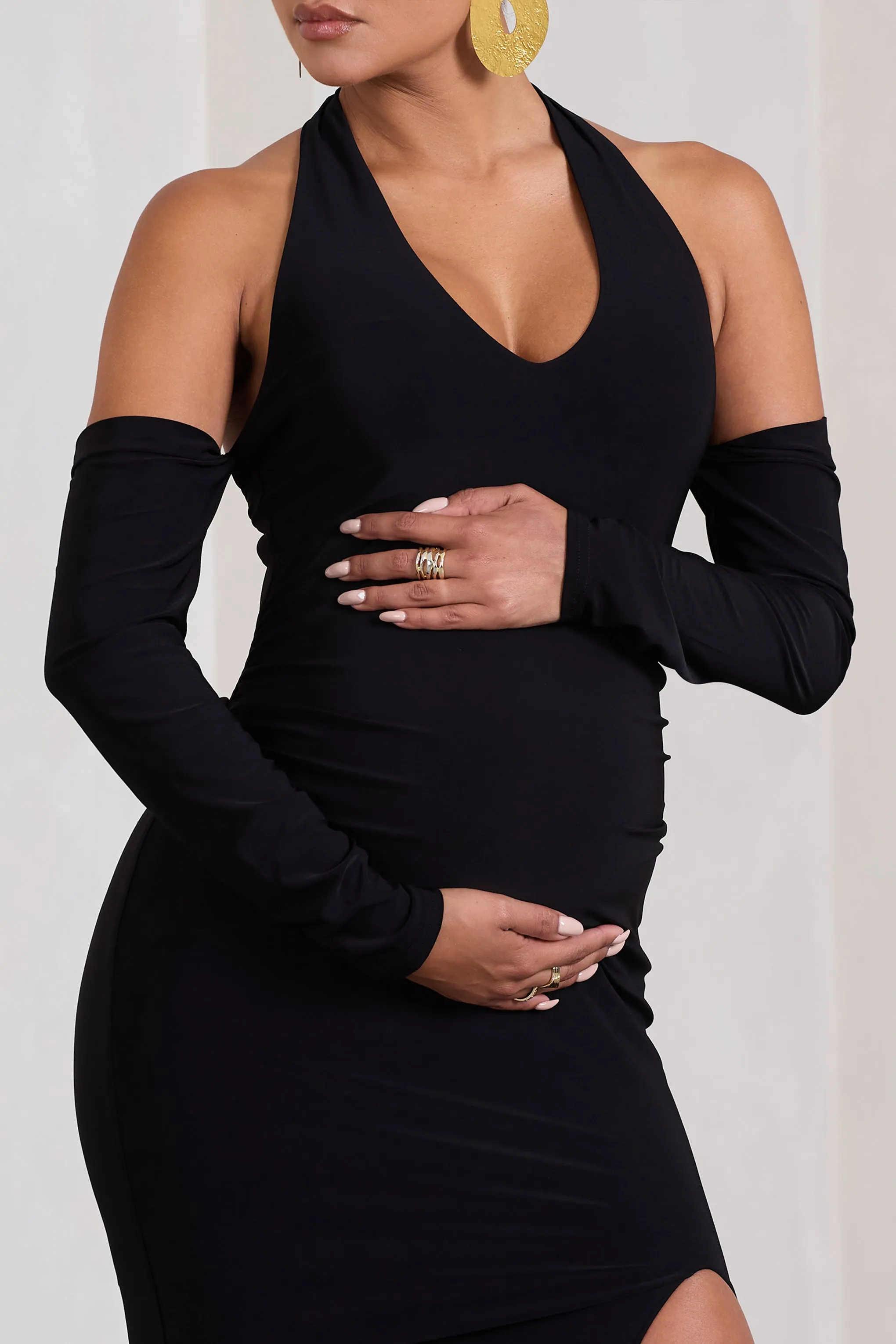 Solana | Black Halter-Neck Long-Sleeve Split Maternity Maxi Dress sold by Club L London product image thumbnail 3