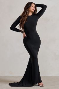 One Step Ahead | Black Long Sleeve Backless Fishtail Maxi Dress sold by Club L London