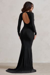 One Step Ahead | Black Long Sleeve Backless Fishtail Maxi Dress sold by Club L London