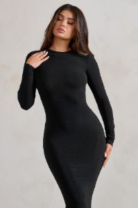 One Step Ahead | Black Long Sleeve Backless Fishtail Maxi Dress sold by Club L London
