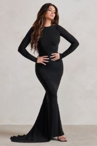 One Step Ahead | Black Long Sleeve Backless Fishtail Maxi Dress sold by Club L London