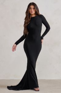 One Step Ahead | Black Long Sleeve Backless Fishtail Maxi Dress sold by Club L London