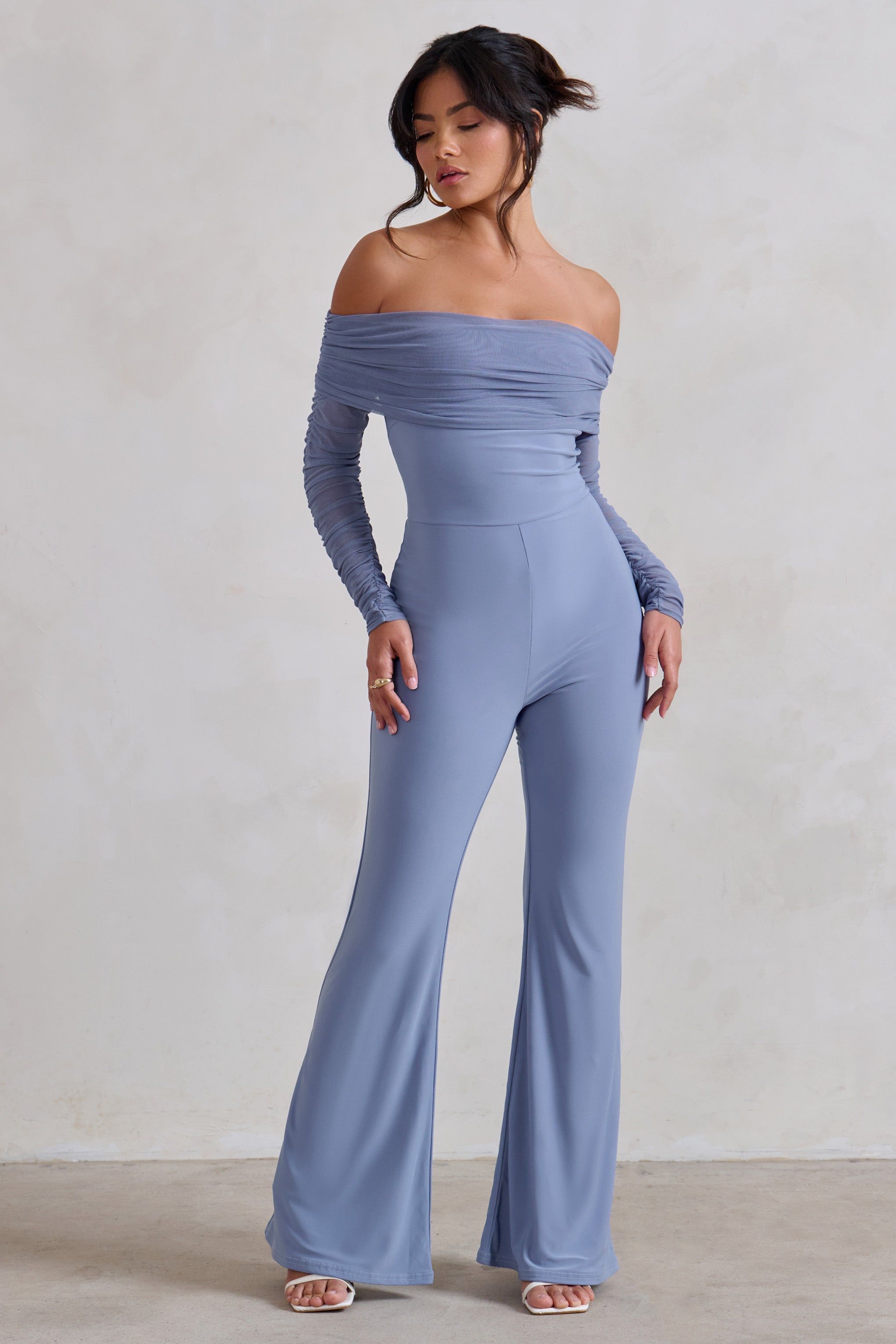 Whisper | Ice Blue Ruched Mesh Bardot Jumpsuit sold by Club L London product image thumbnail 5