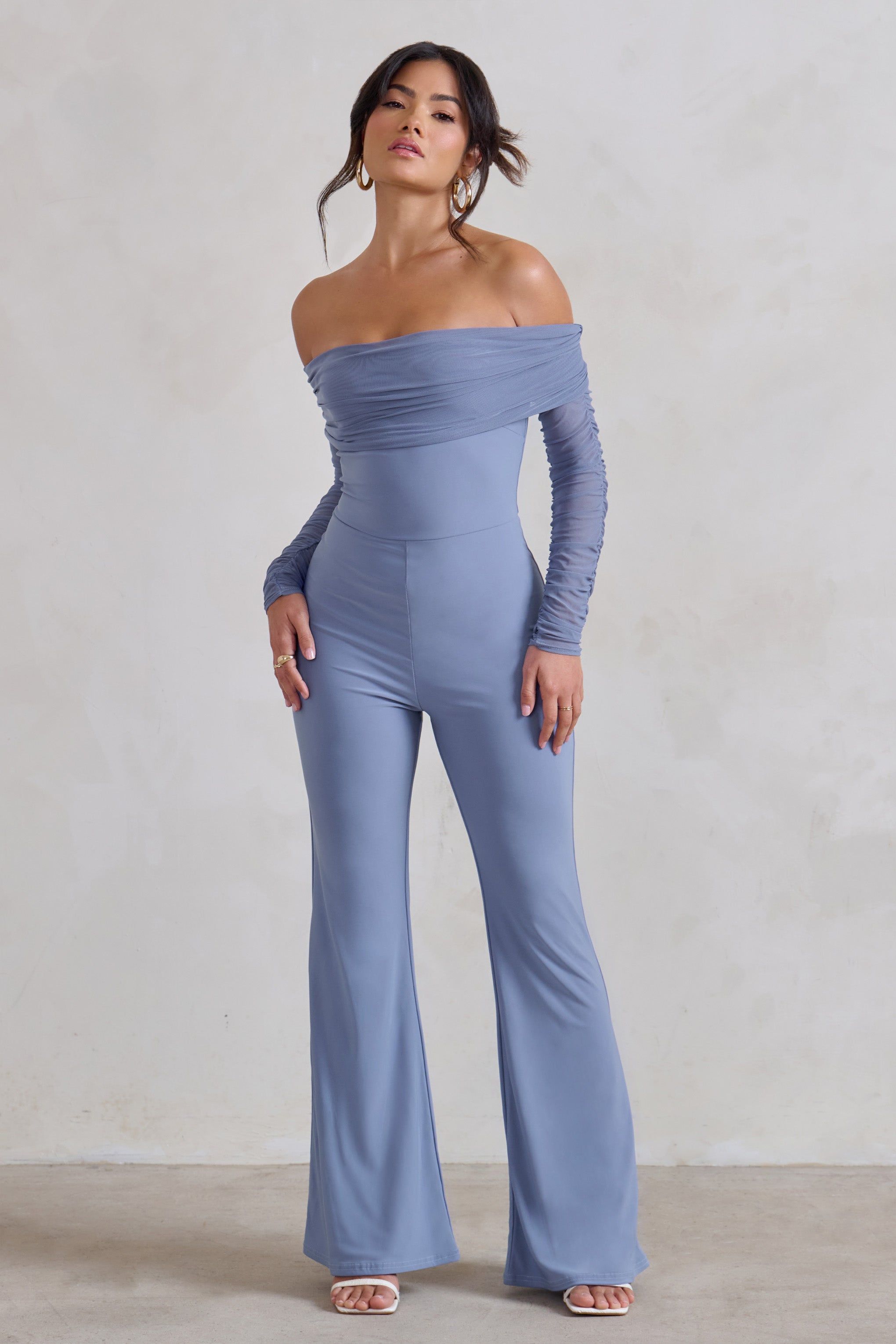 Whisper | Ice Blue Ruched Mesh Bardot Jumpsuit sold by Club L London