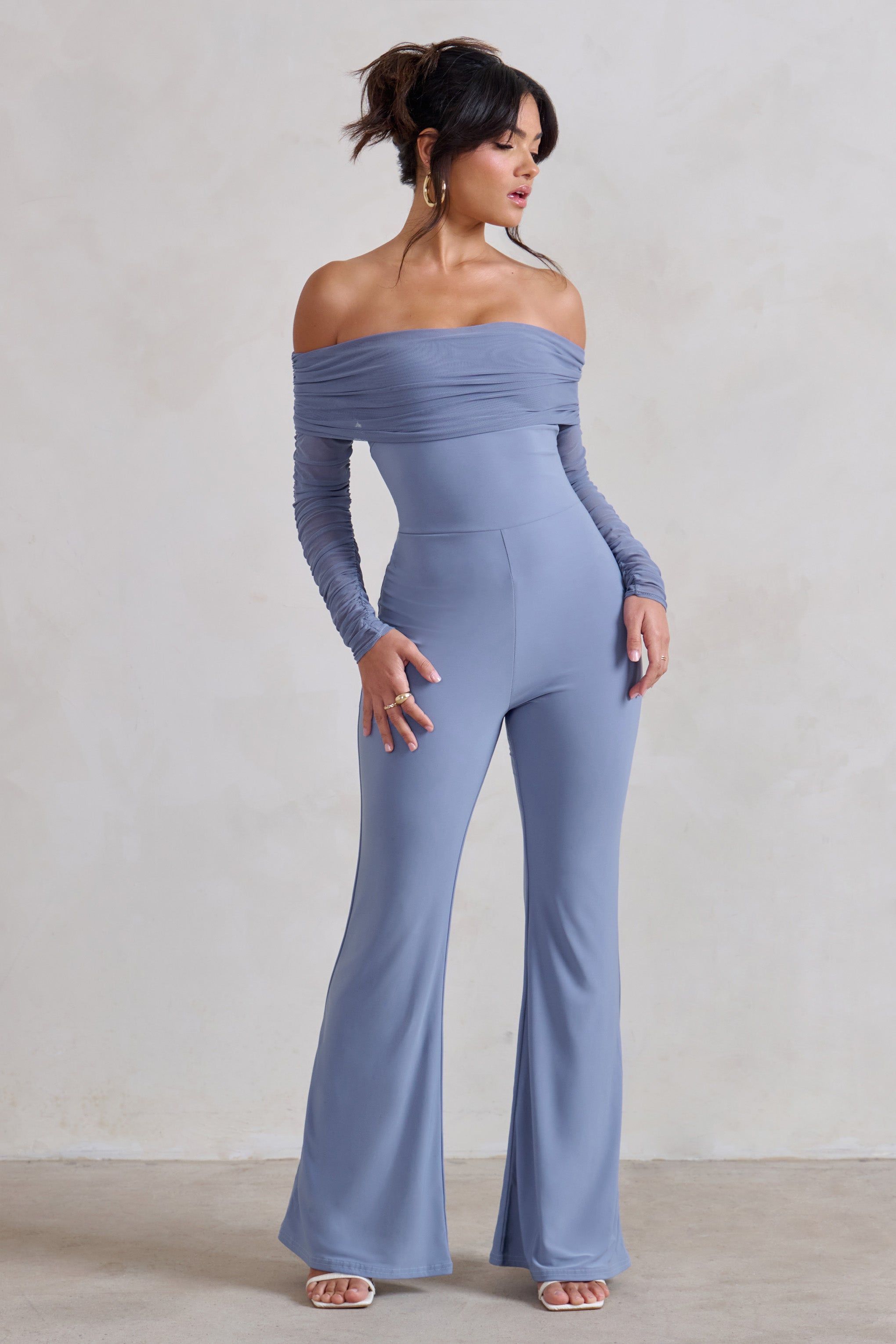 Whisper | Ice Blue Ruched Mesh Bardot Jumpsuit sold by Club L London product image thumbnail 4