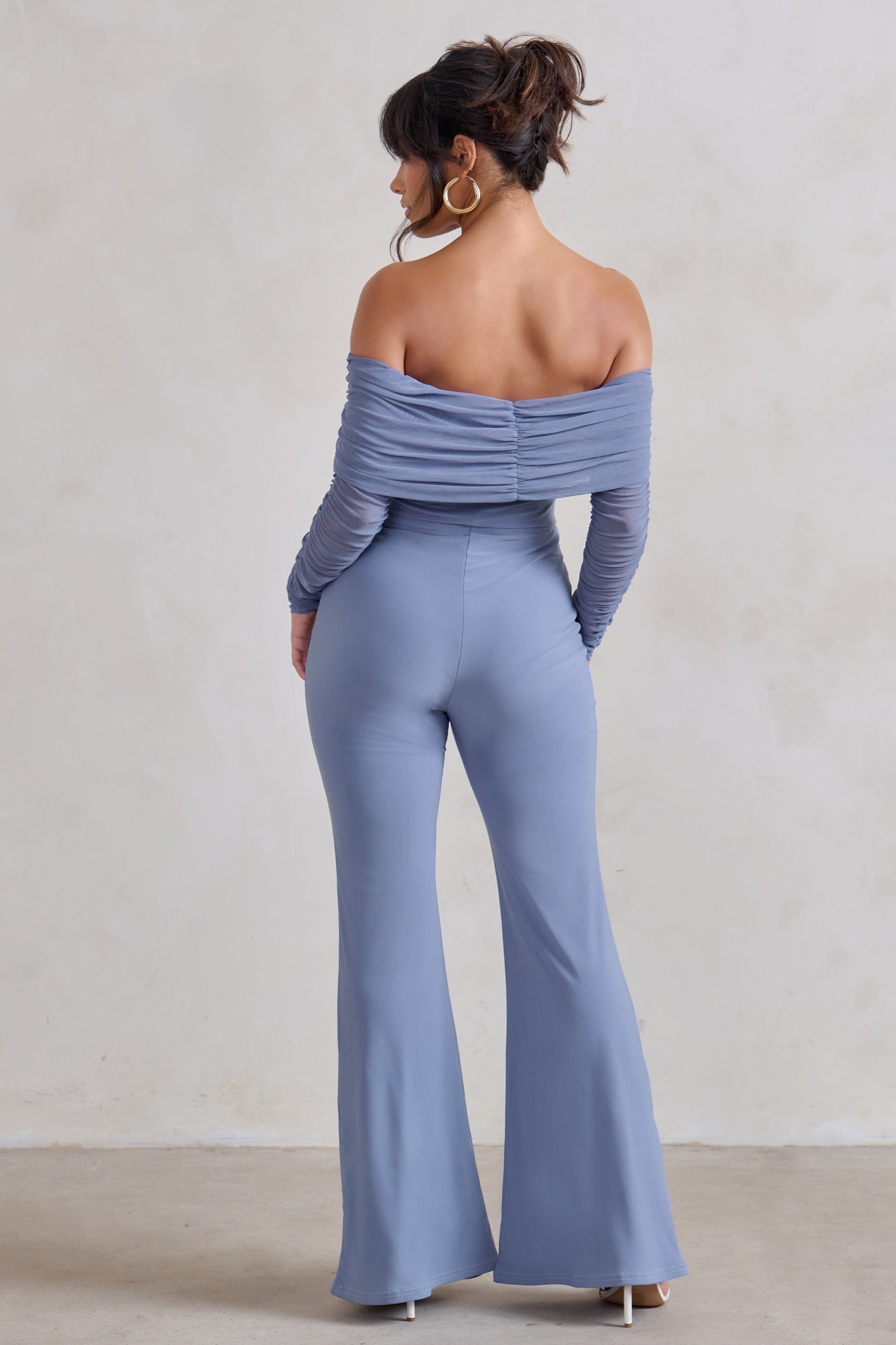 Whisper | Ice Blue Ruched Mesh Bardot Jumpsuit sold by Club L London product image thumbnail 2