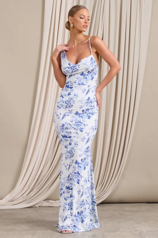 Phantasy | Blue Floral Print Asymmetric Neckline Cowl Maxi Dress sold by Club L London