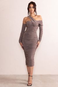 Elodie | Mocha Asymmetric Bardot Gathered Ruched Midi Dress With Long Sleeves sold by Club L London