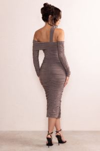Elodie | Mocha Asymmetric Bardot Gathered Ruched Midi Dress With Long Sleeves sold by Club L London