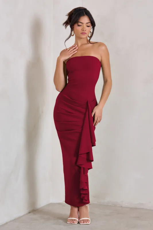 Fleur | Berry Bandeau Ruffle Maxi Dress sold by Club L London