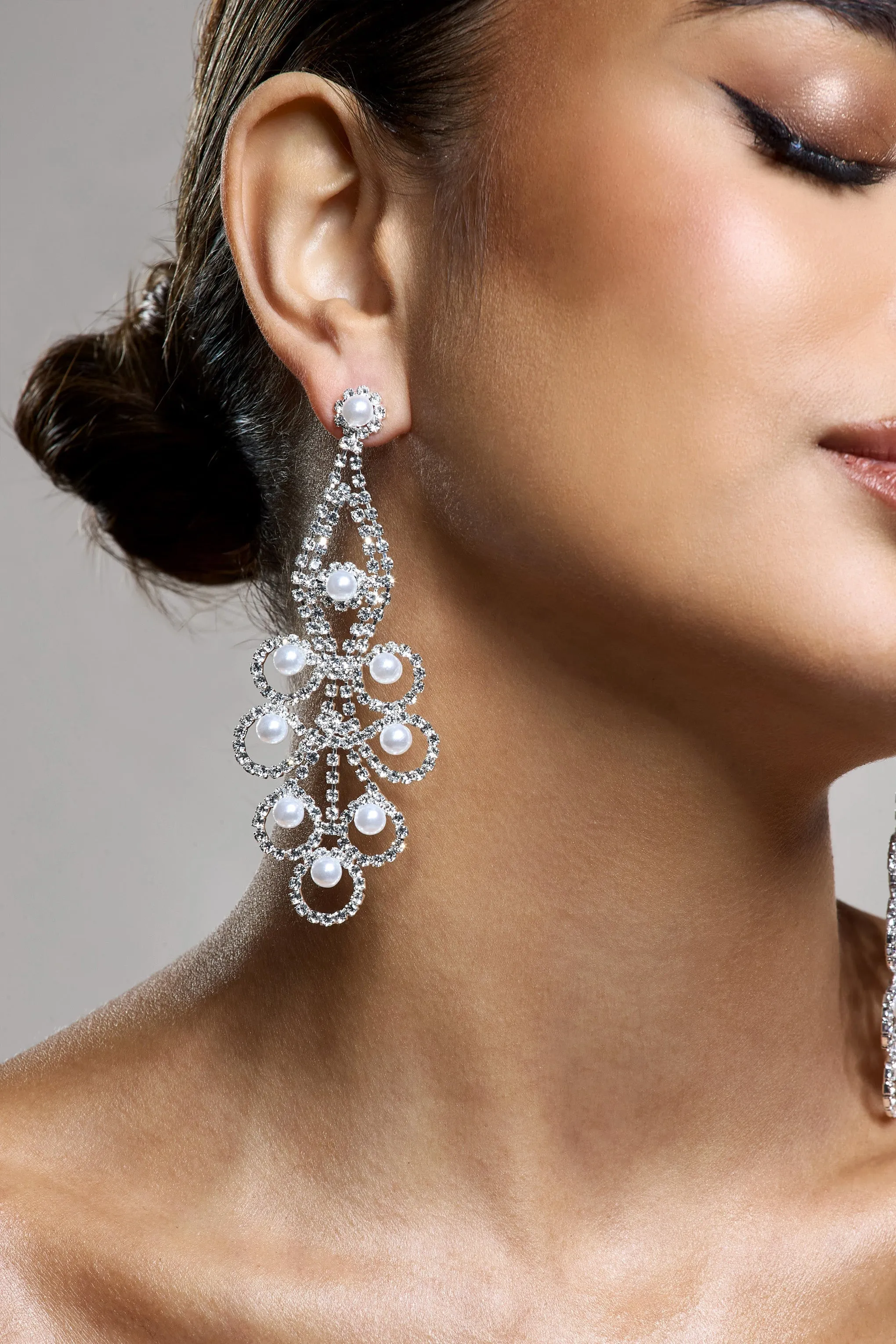 Chandelier | Silver Diamante Pearl Statement Earrings sold by Club L London product image thumbnail 4