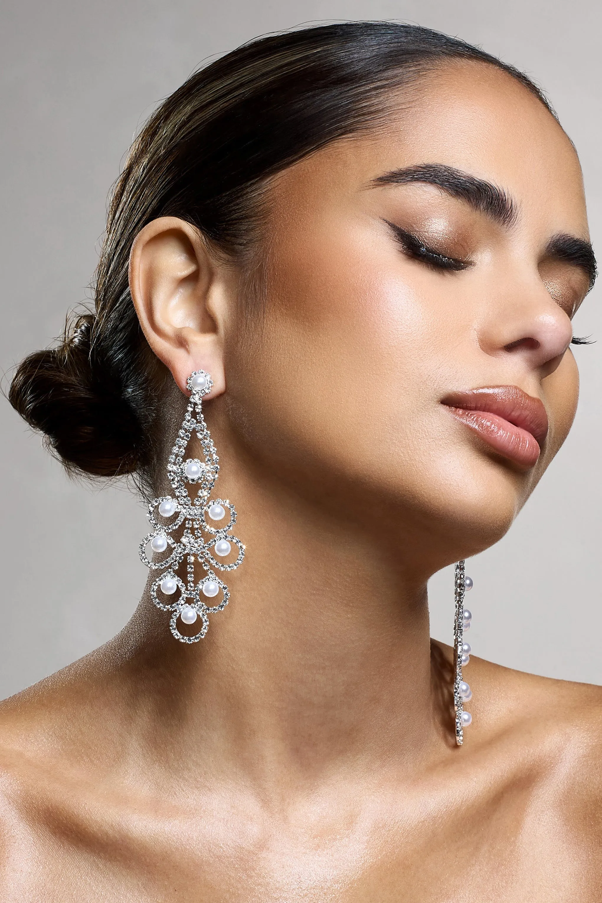 Chandelier | Silver Diamante Pearl Statement Earrings sold by Club L London product image thumbnail 2