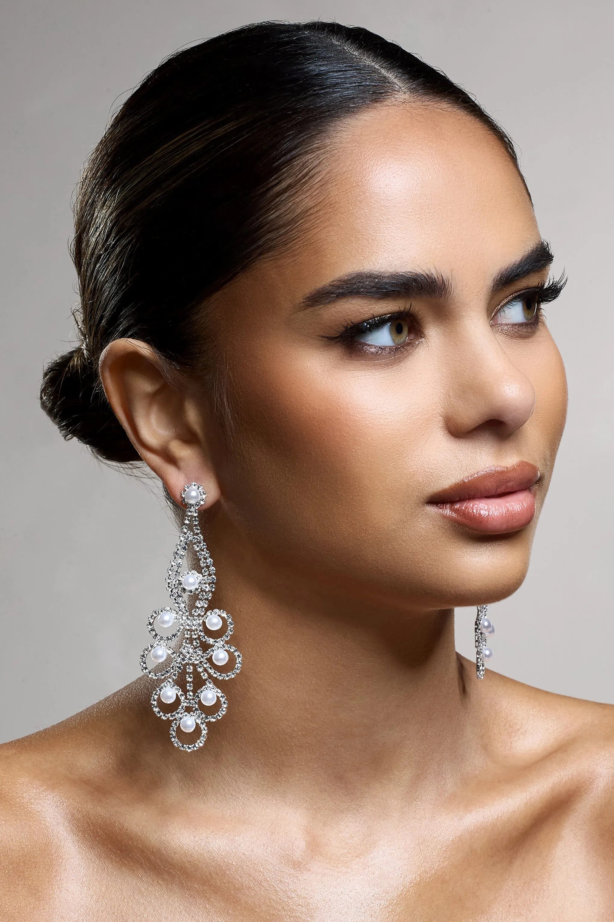 Chandelier | Silver Diamante Pearl Statement Earrings sold by Club L London product image thumbnail 3