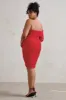 Bijou | Red Asymmetric Bardot Mesh Ruched Midi Dress sold by Club L London