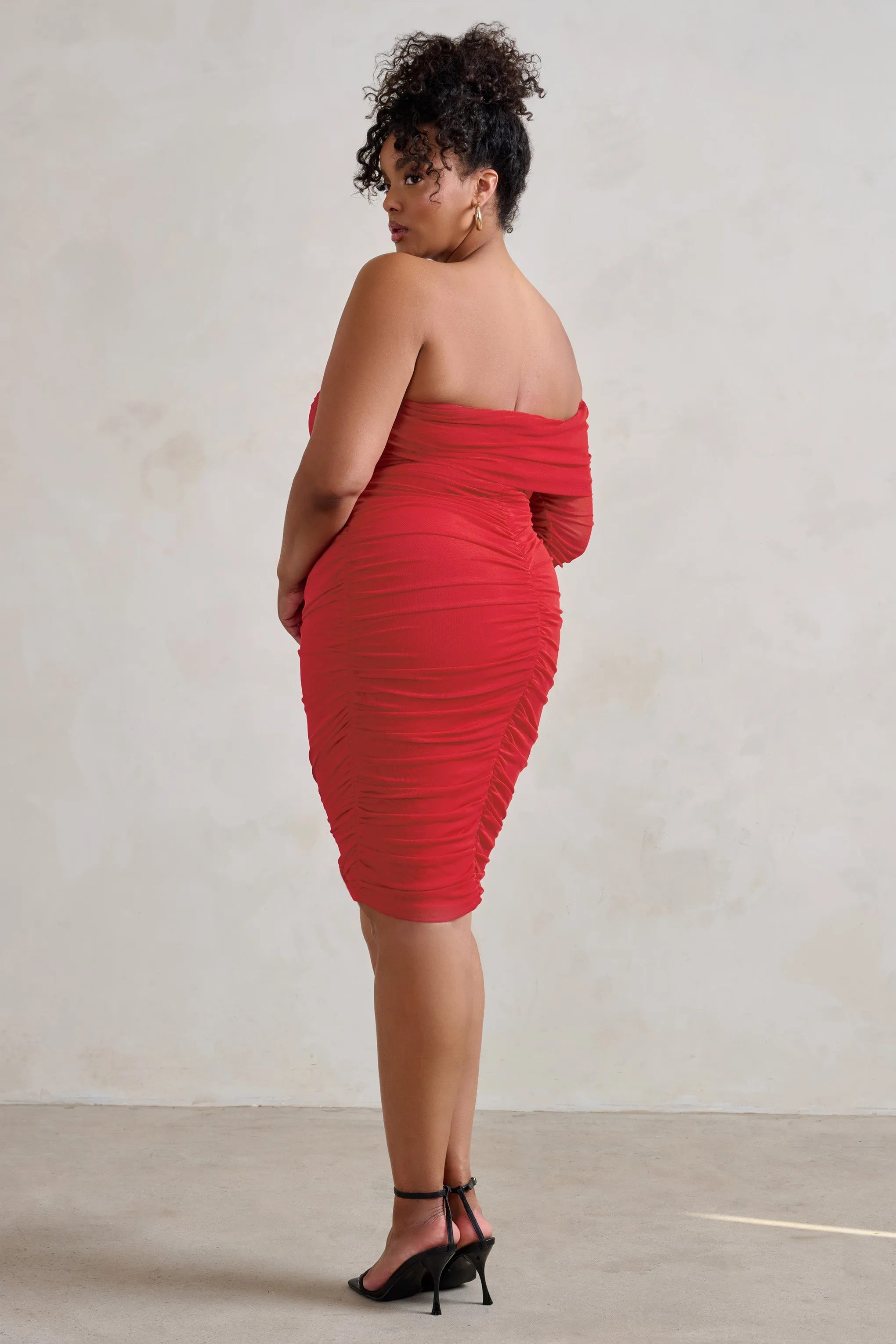 Bijou | Red Asymmetric Bardot Mesh Ruched Midi Dress sold by Club L London product image thumbnail 4