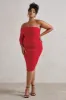 Bijou | Red Asymmetric Bardot Mesh Ruched Midi Dress sold by Club L London