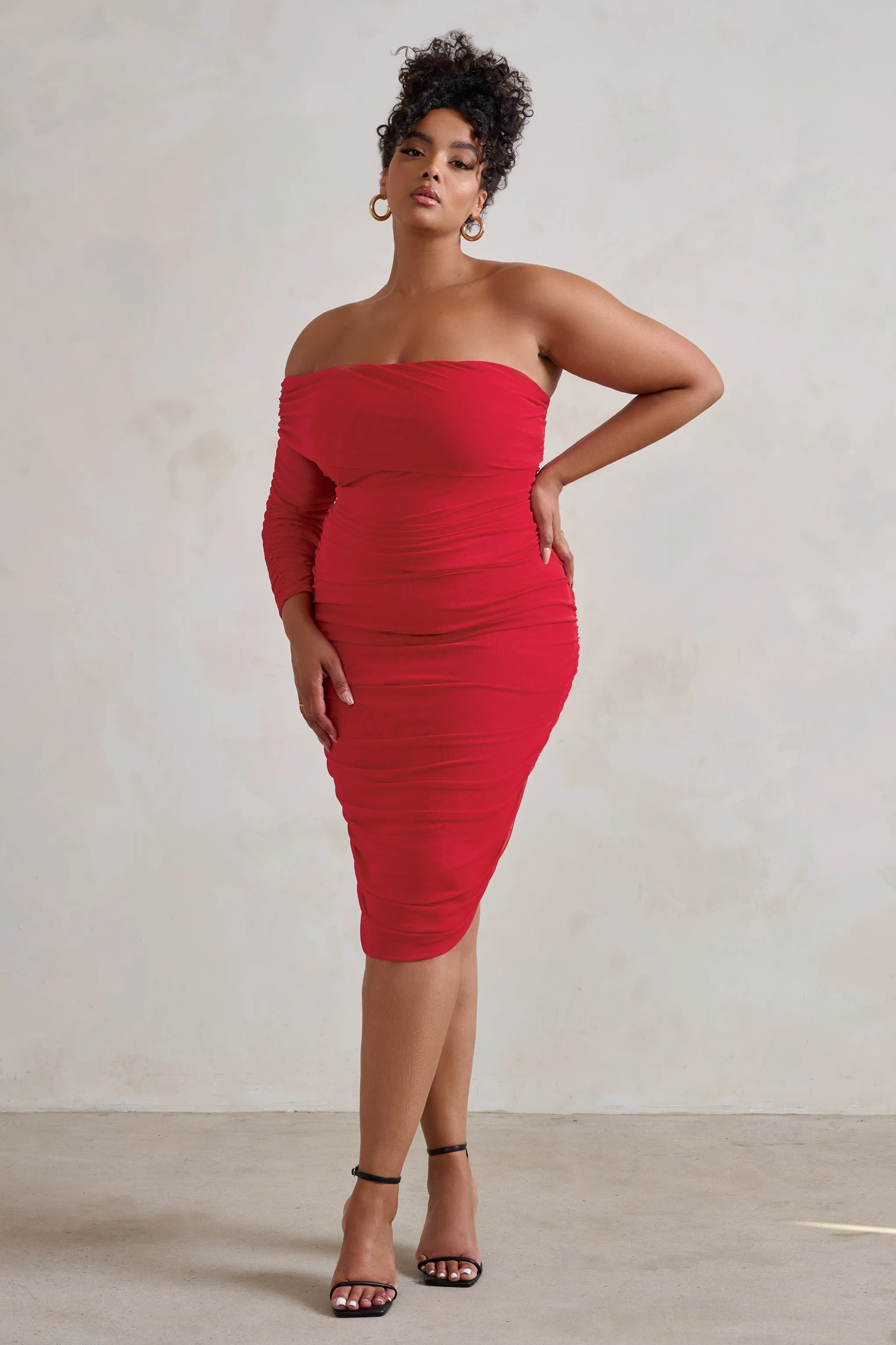 Bijou | Red Asymmetric Bardot Mesh Ruched Midi Dress sold by Club L London product image thumbnail 2