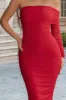 Bijou | Red Asymmetric Bardot Mesh Ruched Midi Dress sold by Club L London