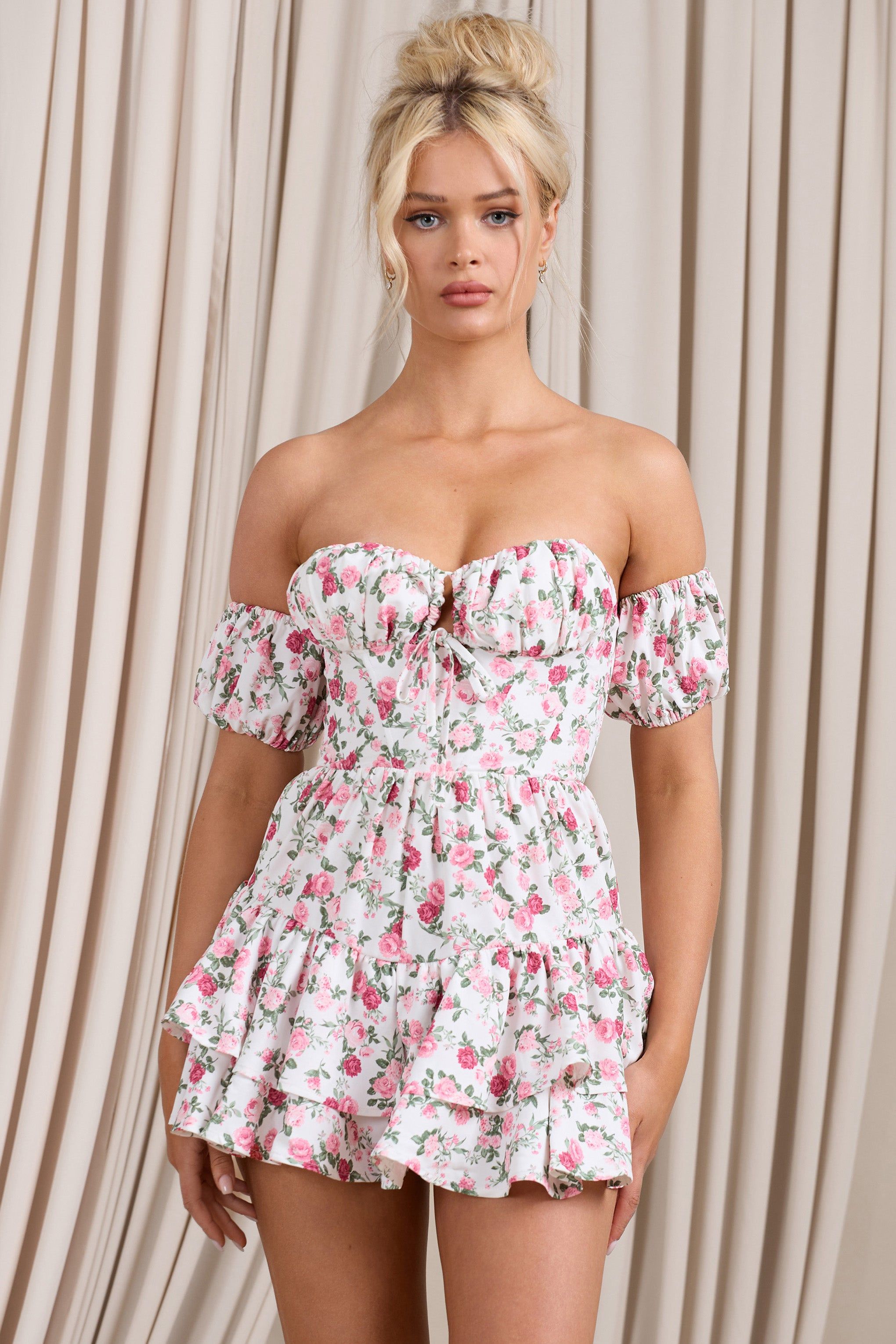 Piazza Play | Floral Print Ruffled Corset Bardot Playsuit sold by Club L London product image thumbnail 5