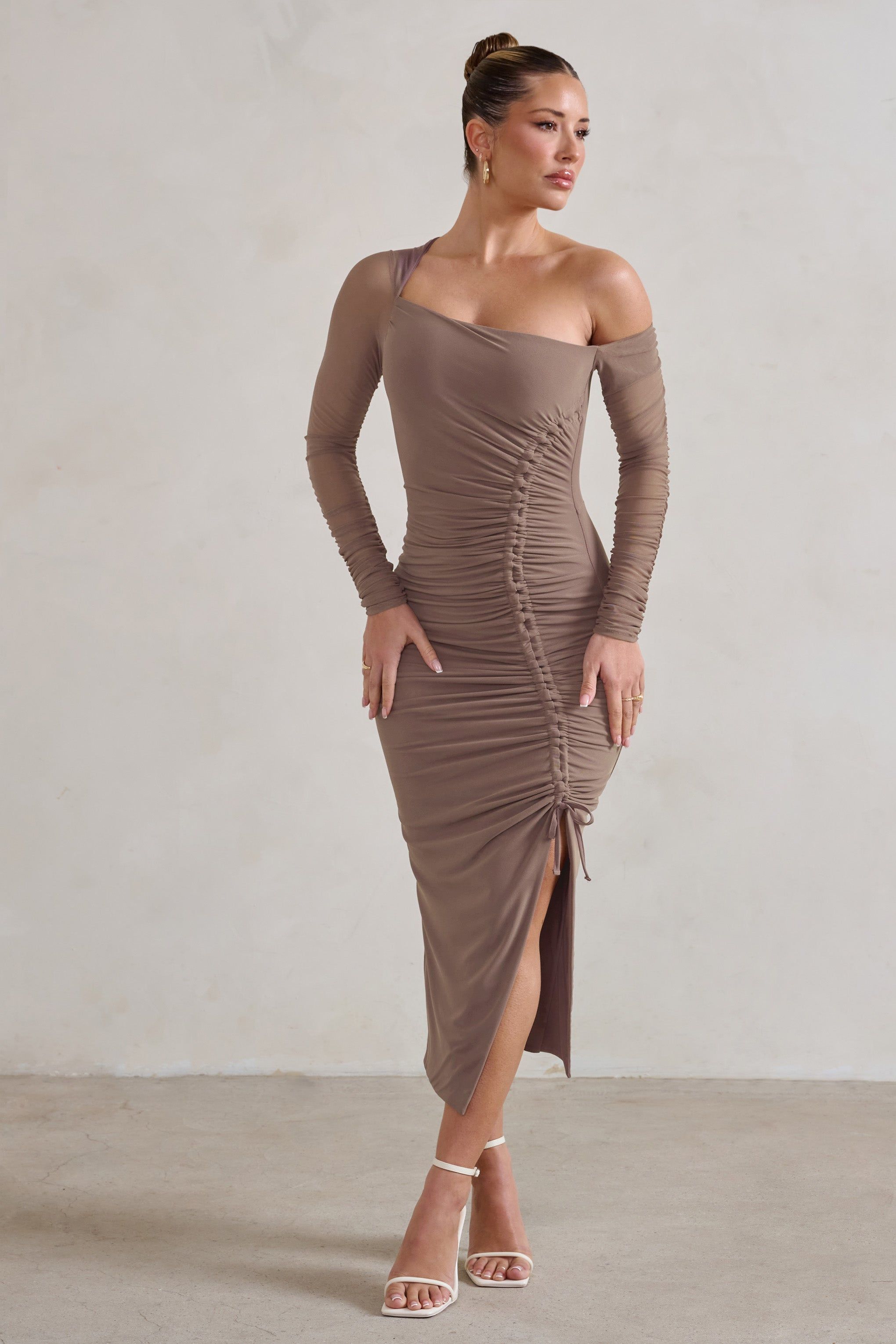 Treasured | Mocha Asymmetric Mesh Long Sleeve Ruched Midi Dress sold by Club L London product image thumbnail 4