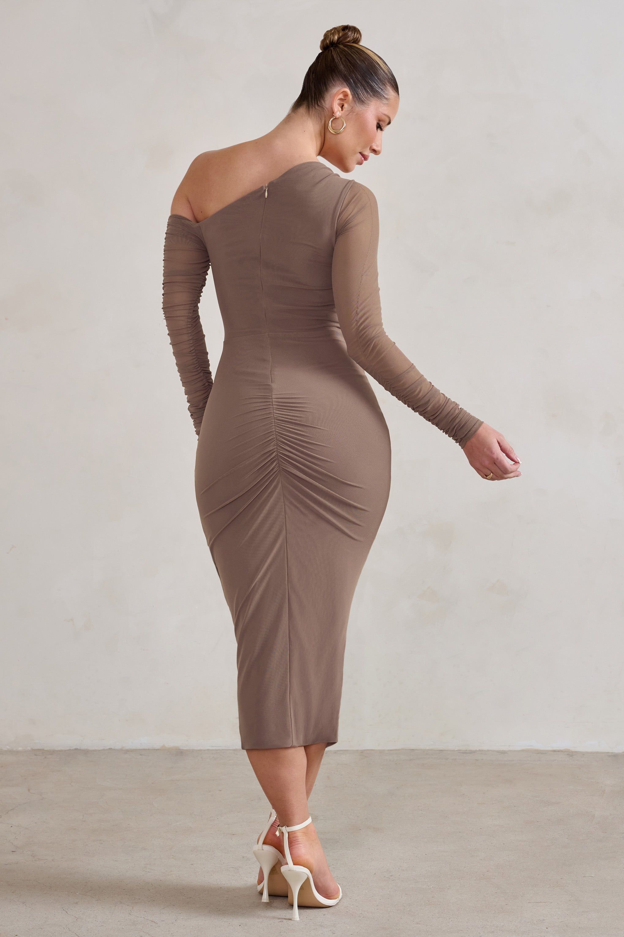 Treasured | Mocha Asymmetric Mesh Long Sleeve Ruched Midi Dress sold by Club L London product image thumbnail 2