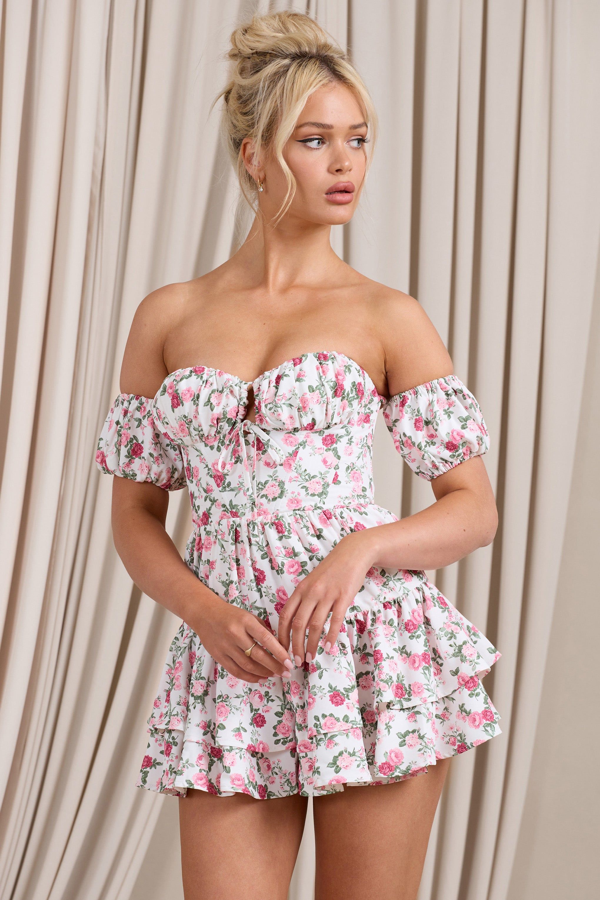 Piazza Play | Floral Print Ruffled Corset Bardot Playsuit sold by Club L London