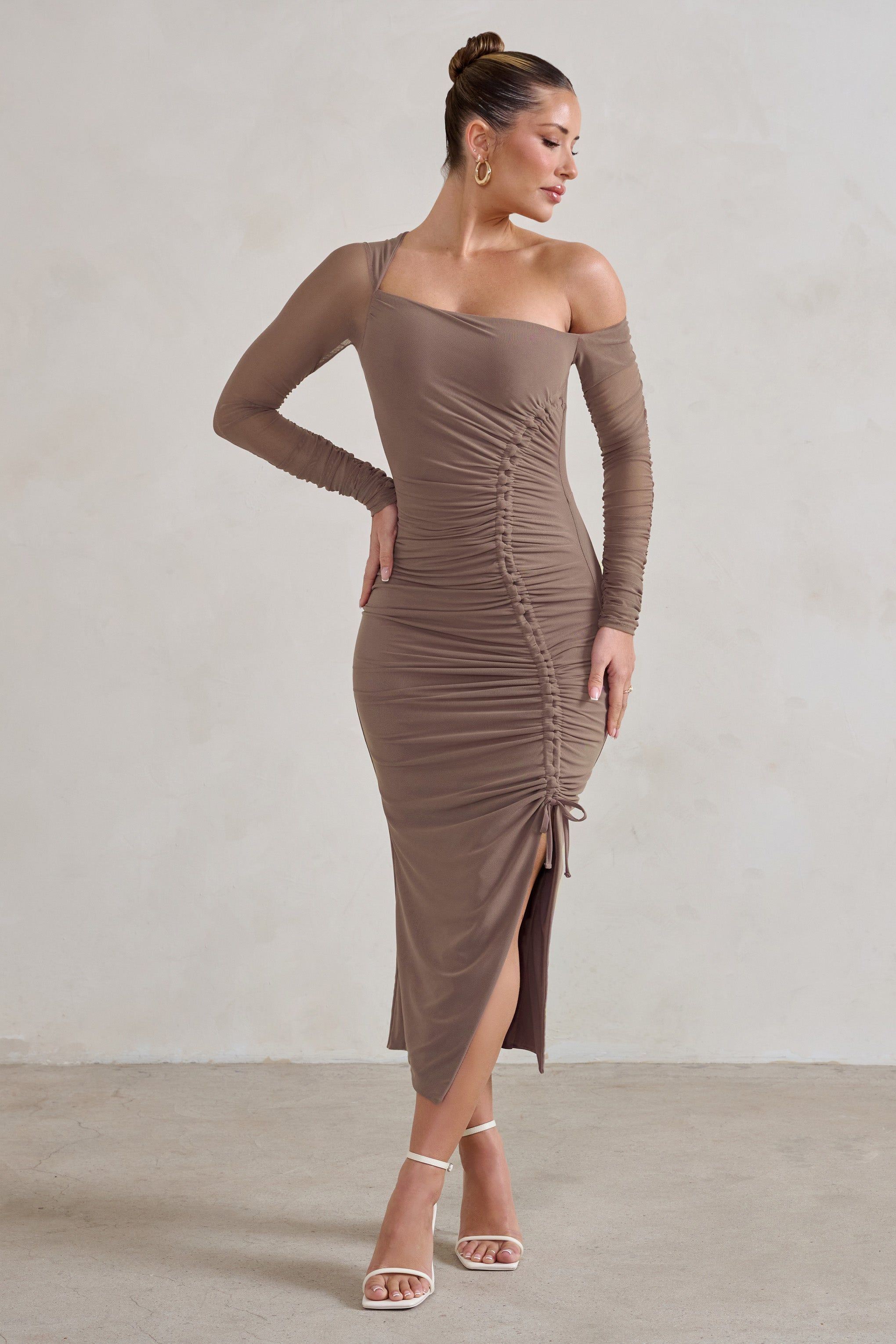 Treasured | Mocha Asymmetric Mesh Long Sleeve Ruched Midi Dress sold by Club L London