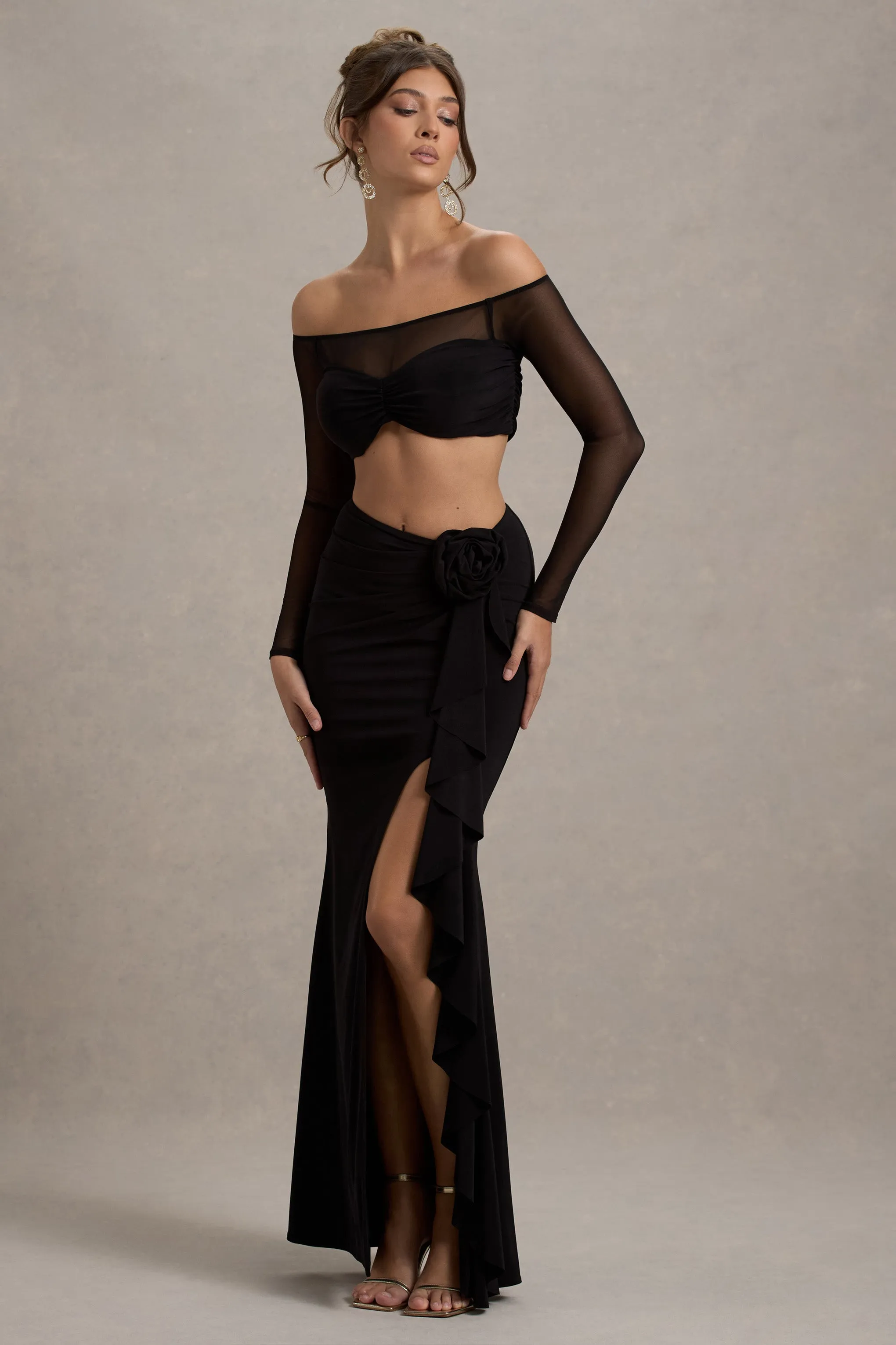 Kavi | Black Ruched Split Maxi Skirt sold by Club L London product image thumbnail 5