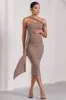 Just Wait | Mocha Asymmetric Strappy Maternity Midi Dress With Drape sold by Club L London
