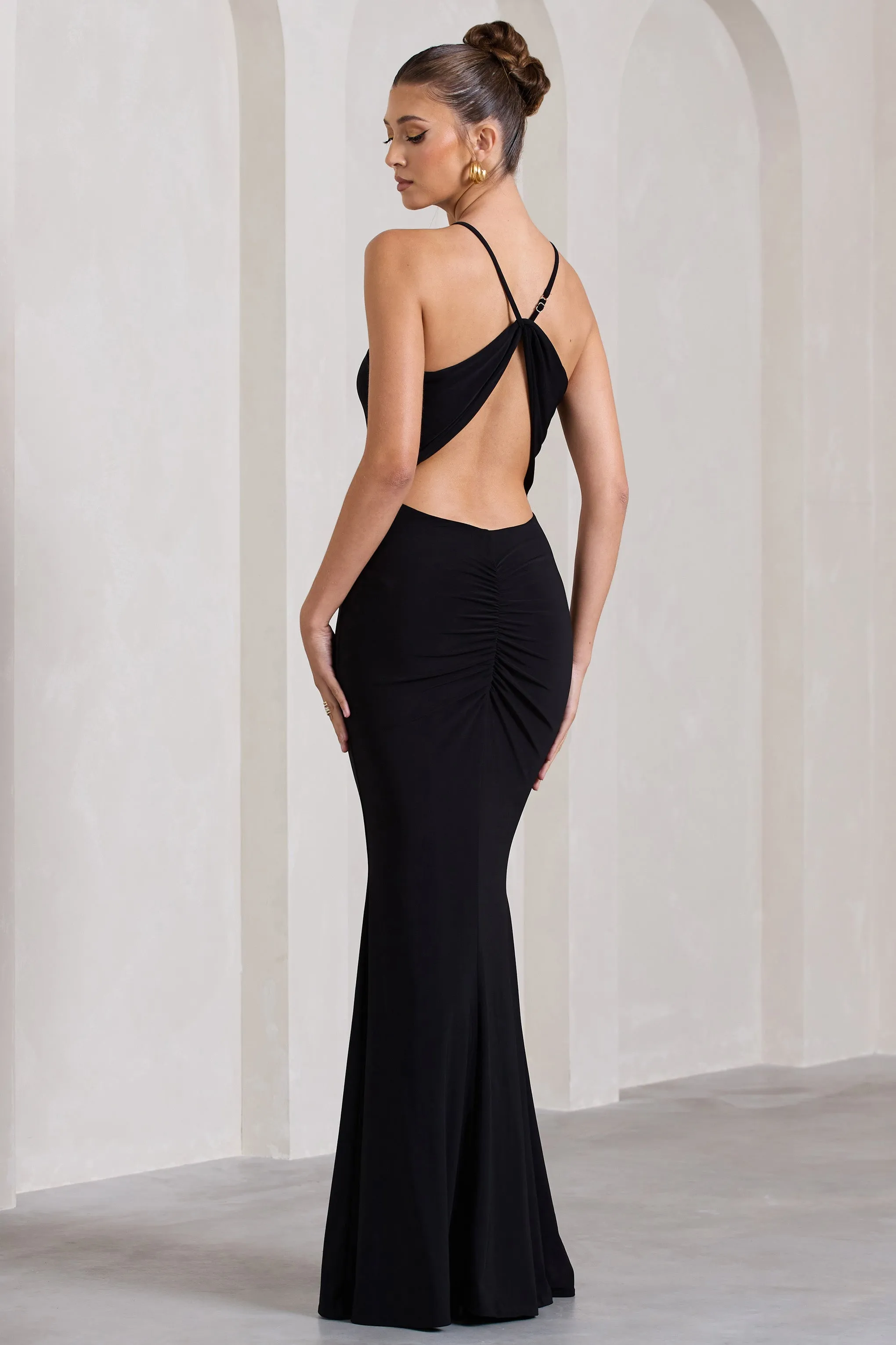 Brianna | Black Sleeveless Halter-Neck Open-Back Maxi Dress sold by Club L London