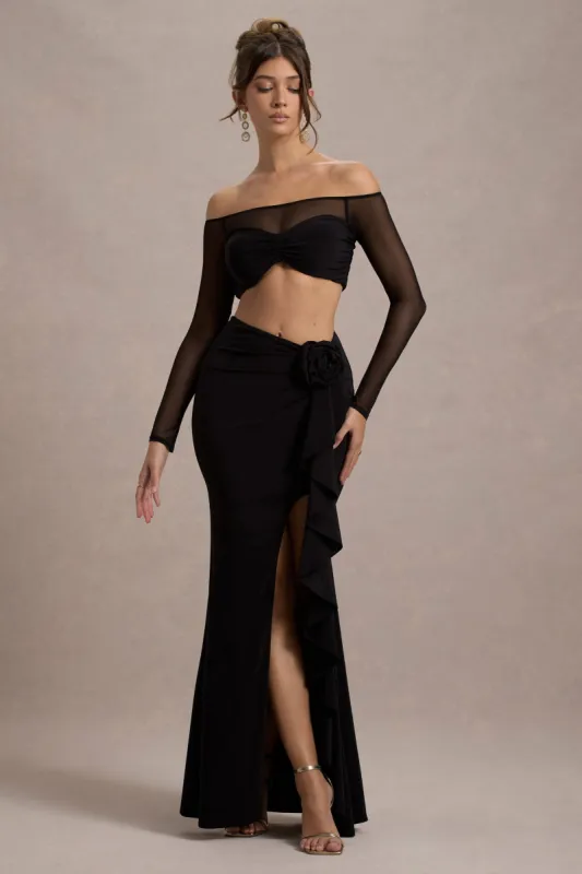 Kavi | Black Ruched Split Maxi Skirt sold by Club L London