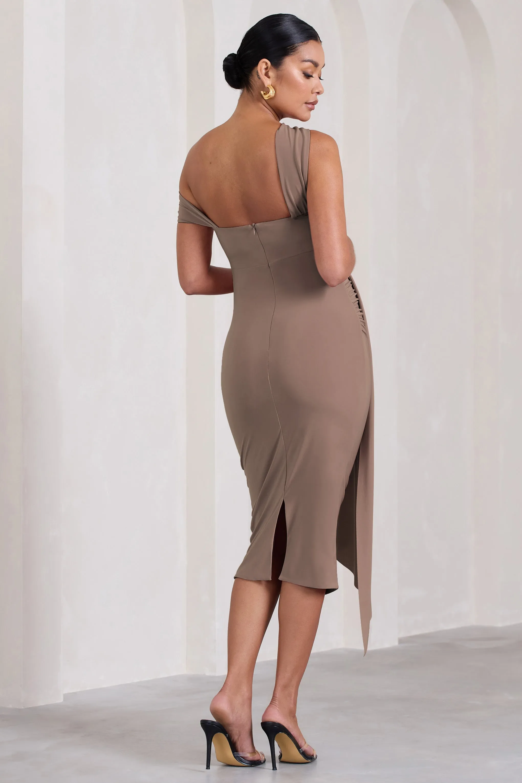 Just Wait | Mocha Asymmetric Strappy Maternity Midi Dress With Drape sold by Club L London product image thumbnail 2