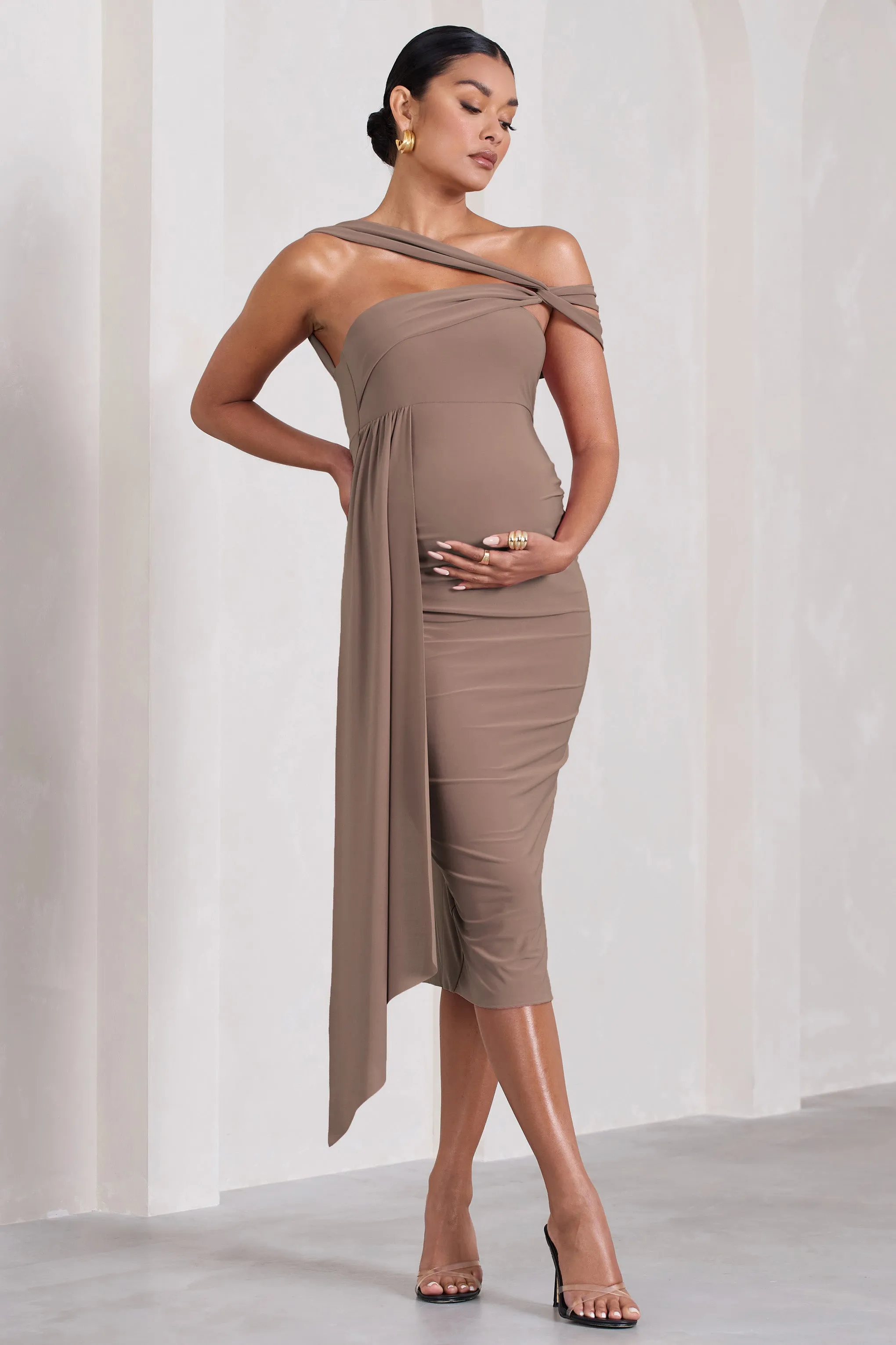 Just Wait | Mocha Asymmetric Strappy Maternity Midi Dress With Drape sold by Club L London