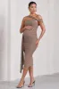 Just Wait | Mocha Asymmetric Strappy Maternity Midi Dress With Drape sold by Club L London