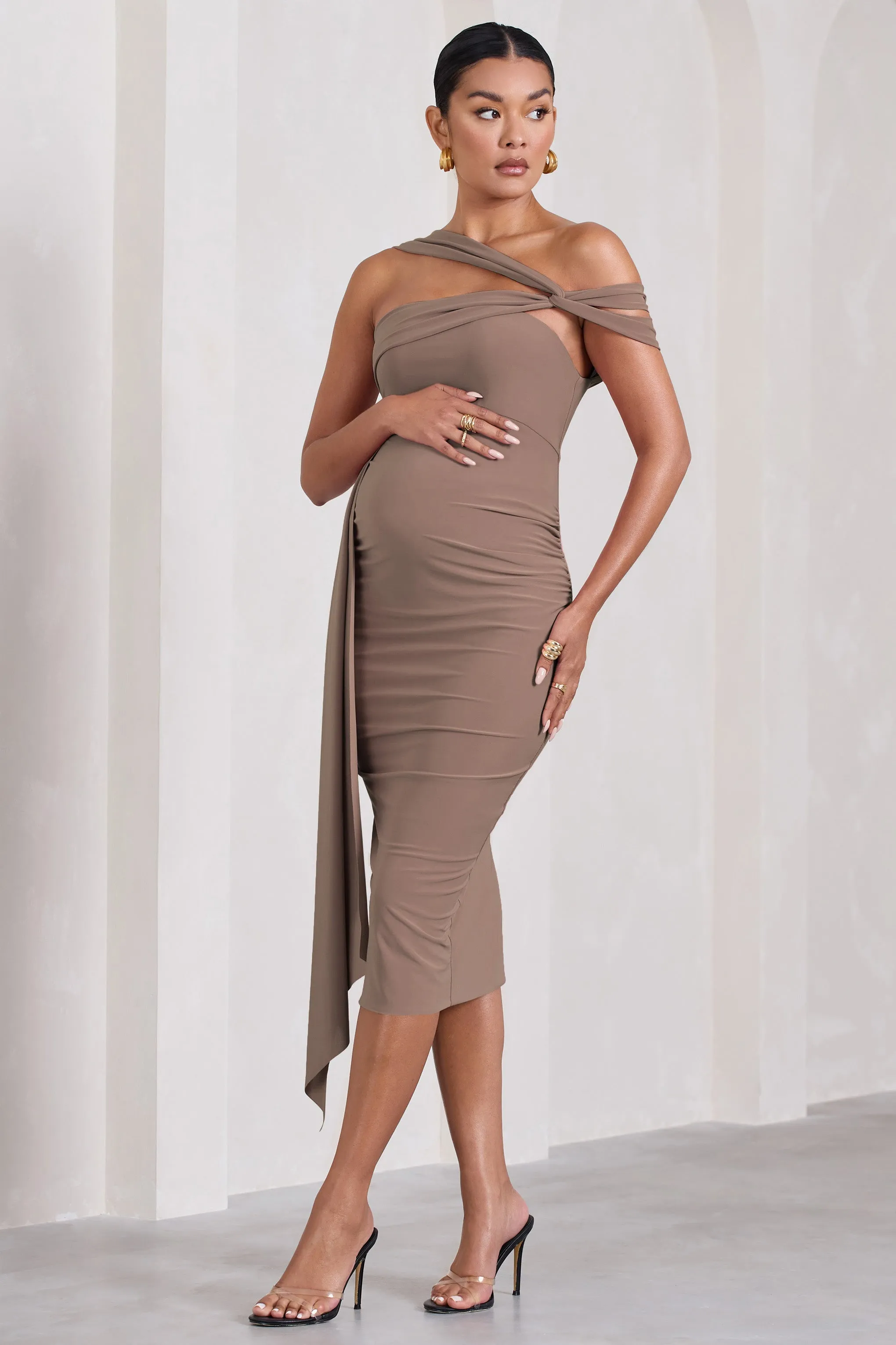 Just Wait | Mocha Asymmetric Strappy Maternity Midi Dress With Drape sold by Club L London product image thumbnail 5