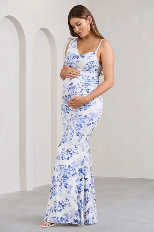 Phantasy | Blue Floral Maternity Cowl Neck Maxi Dress sold by Club L London