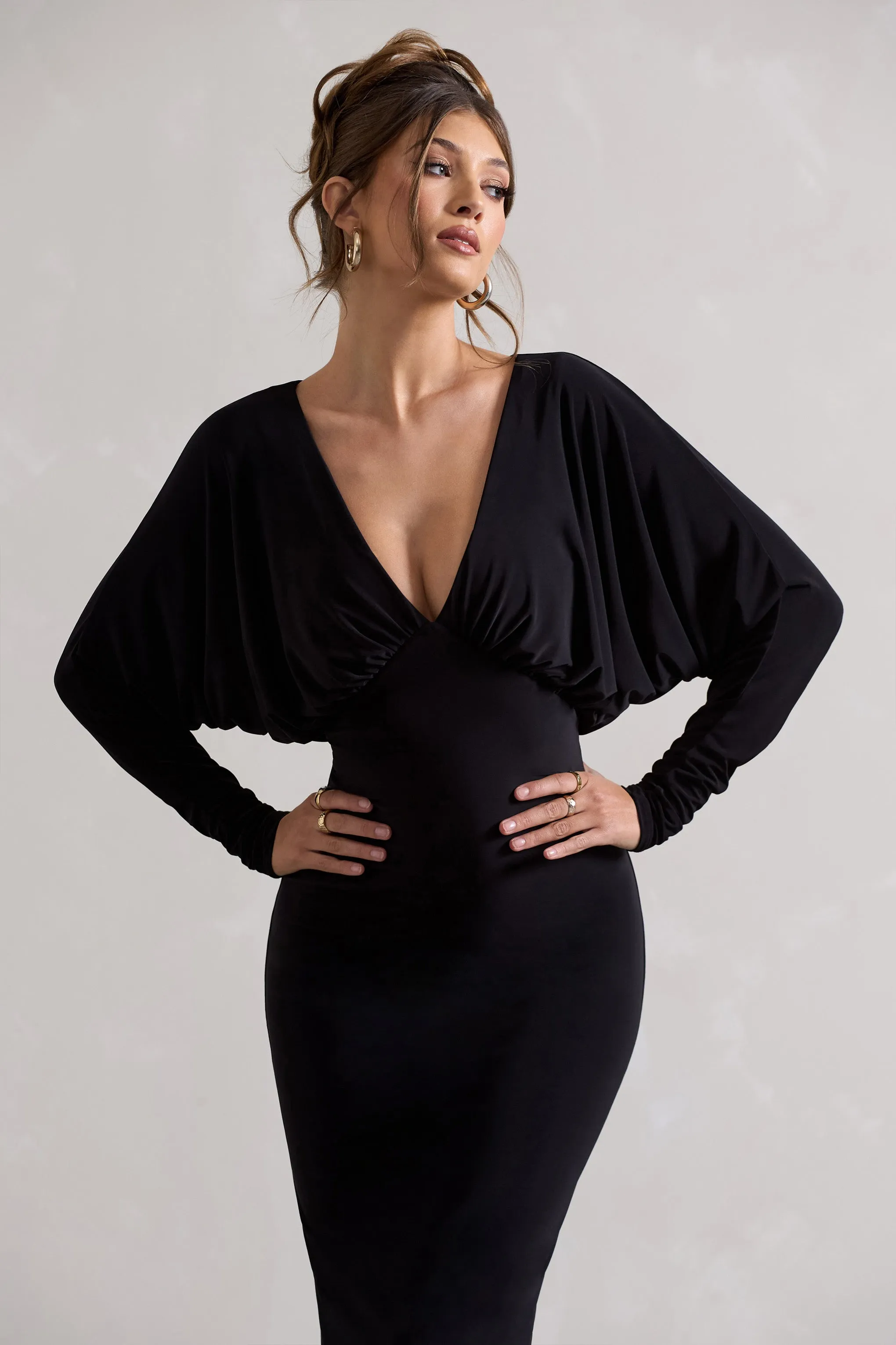 Ruth | Black Draped Plunge-Neck Maxi Dress sold by Club L London product image thumbnail 3