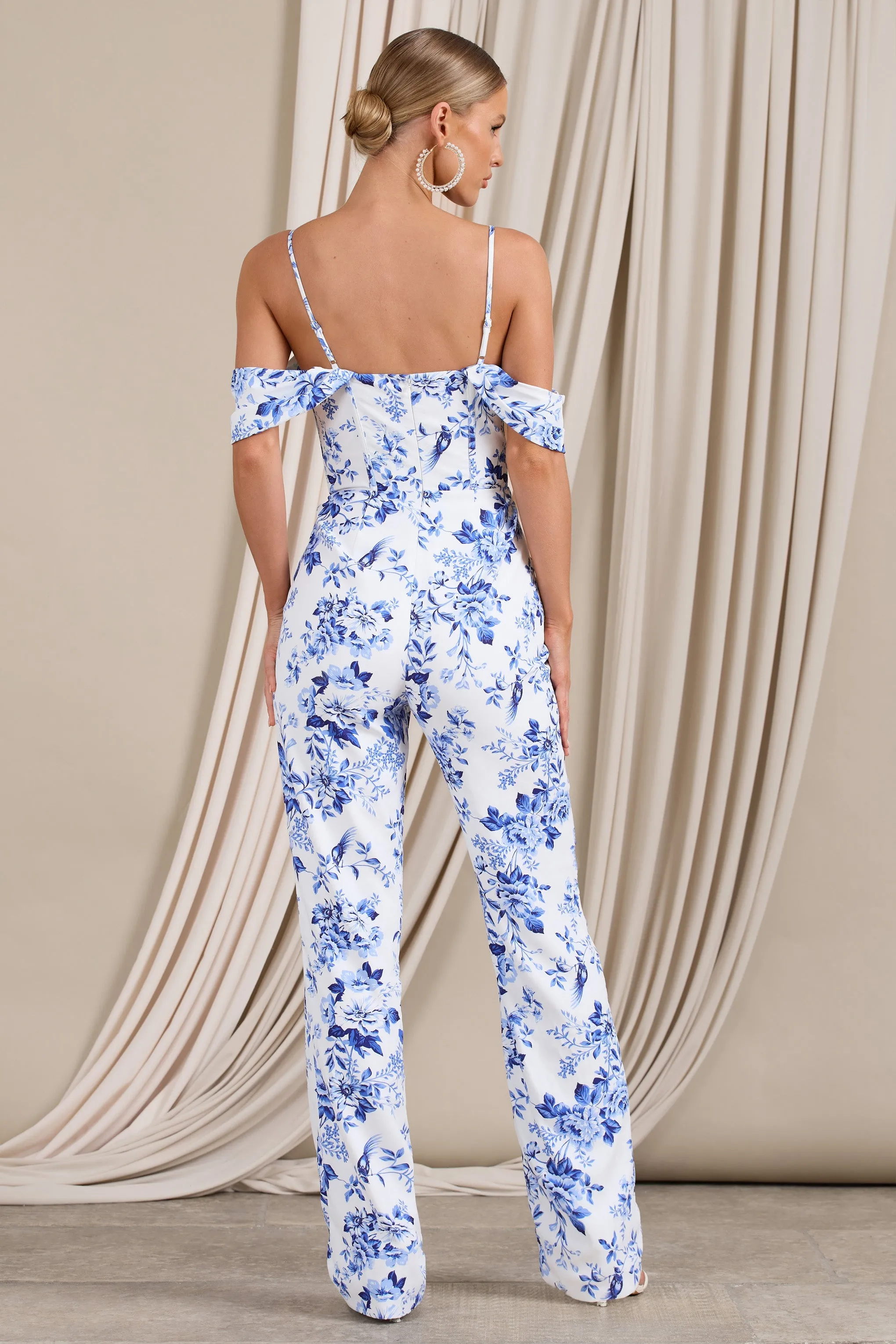 From The Vine | Blue Floral Strappy Drape-Sleeved Corset Jumpsuit sold by Club L London product image thumbnail 3