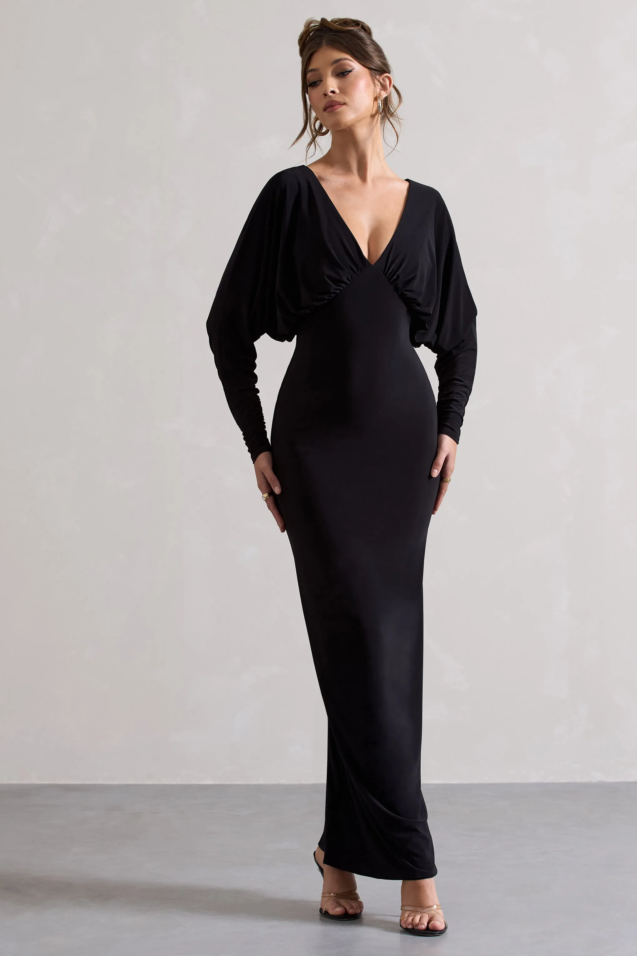 Ruth | Black Draped Plunge-Neck Maxi Dress sold by Club L London